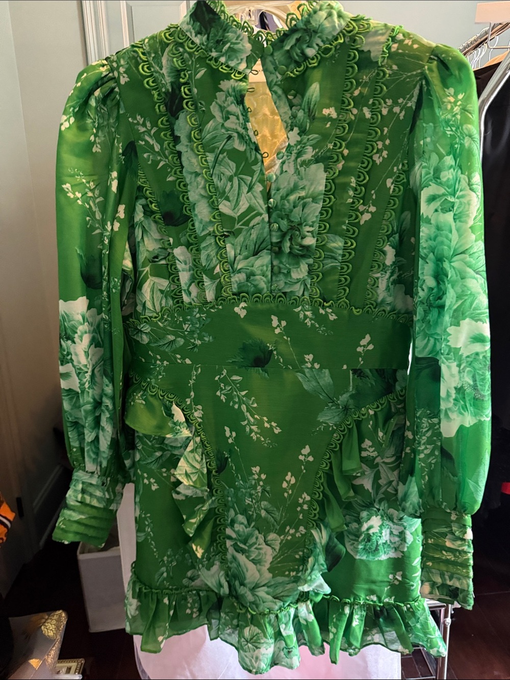 Karen Millen Green Floral Long Sleeve Ruffle Mini Dress